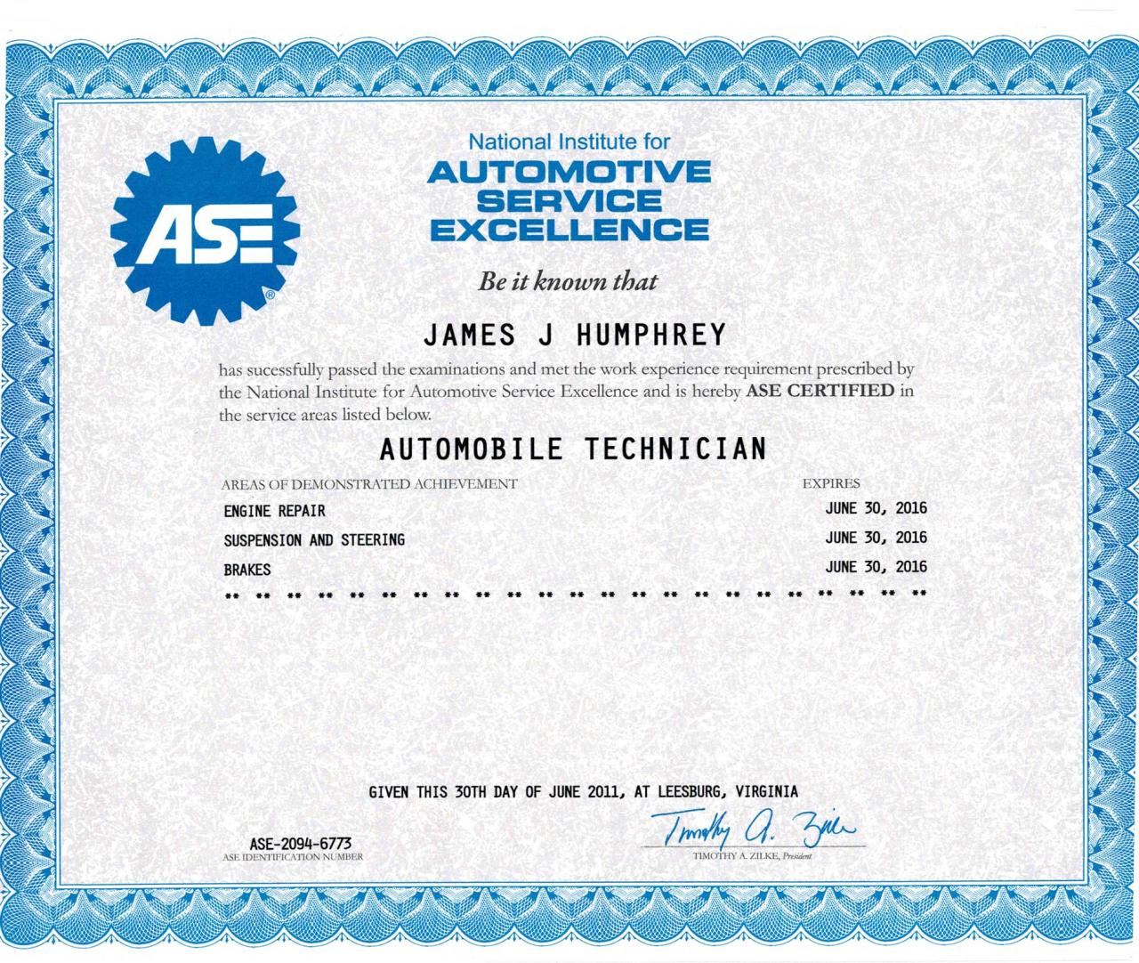 Ase certifications jim