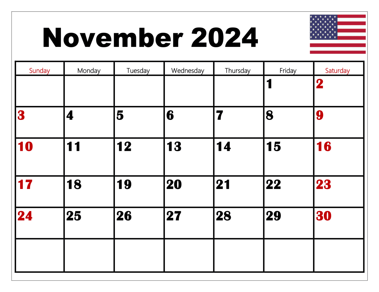 Banks November 2024 Blank Calendar