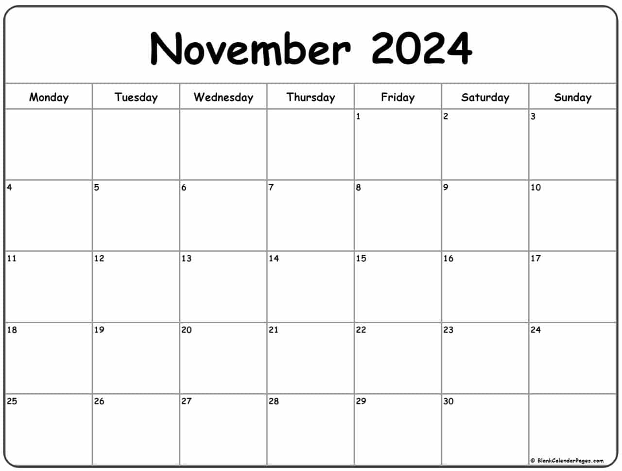 Banks November 2024 Blank Calendar